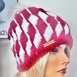 Hand Knits 2 Love Beanie  Winter Hat Fairisle Pattern Faux Fur Pom Pom Designer